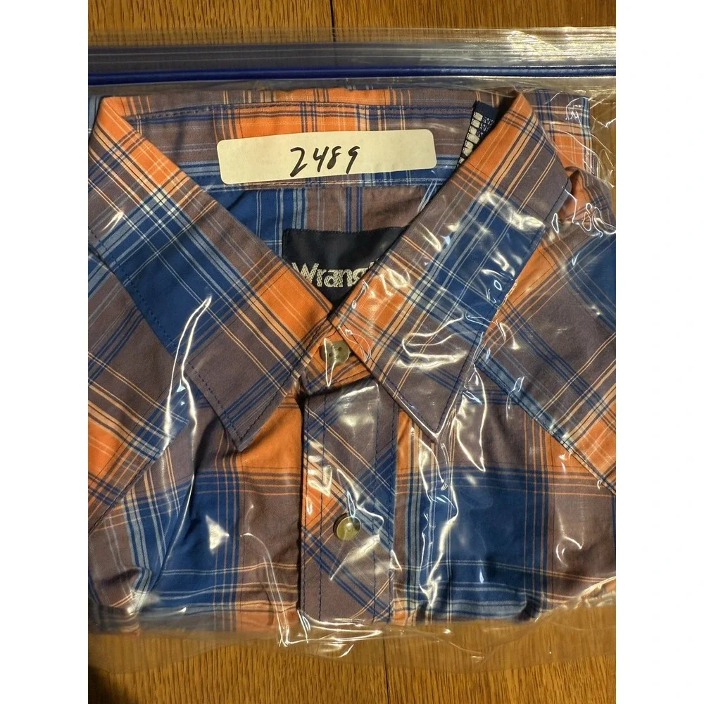 Wrangler Shirt Men's XL Orange‎ Blue Plaid Pearl Snap Western Rodeo Logo LS
